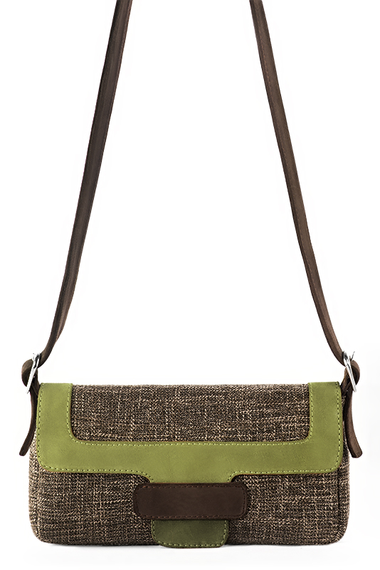 Dark brown and pistachio green women's dress handbag, matching pumps and belts. Top view - Florence KOOIJMAN
